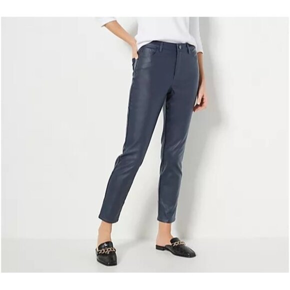 NWT Susan Graver Coated Stretch Woven Ankle Pants Sz 12 Navy Blue Slim Fit - Picture 1 of 11
